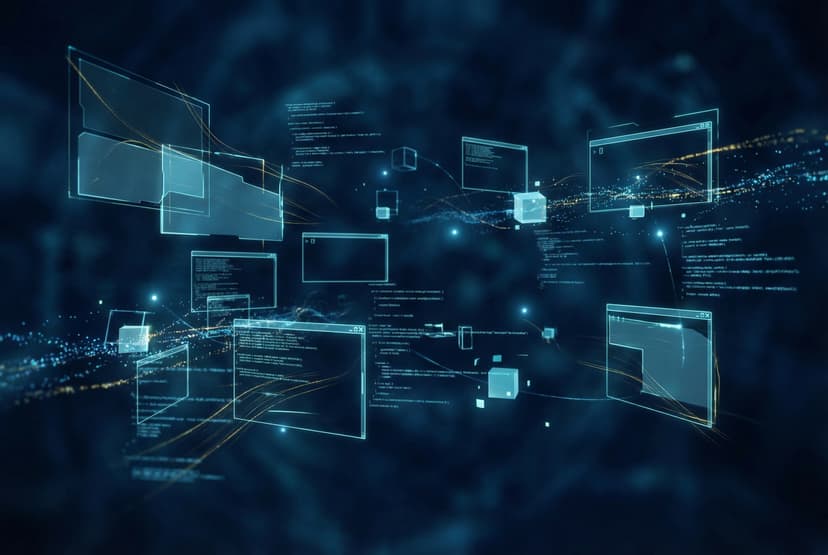 Floating code editor windows representing solo full-stack development workflow