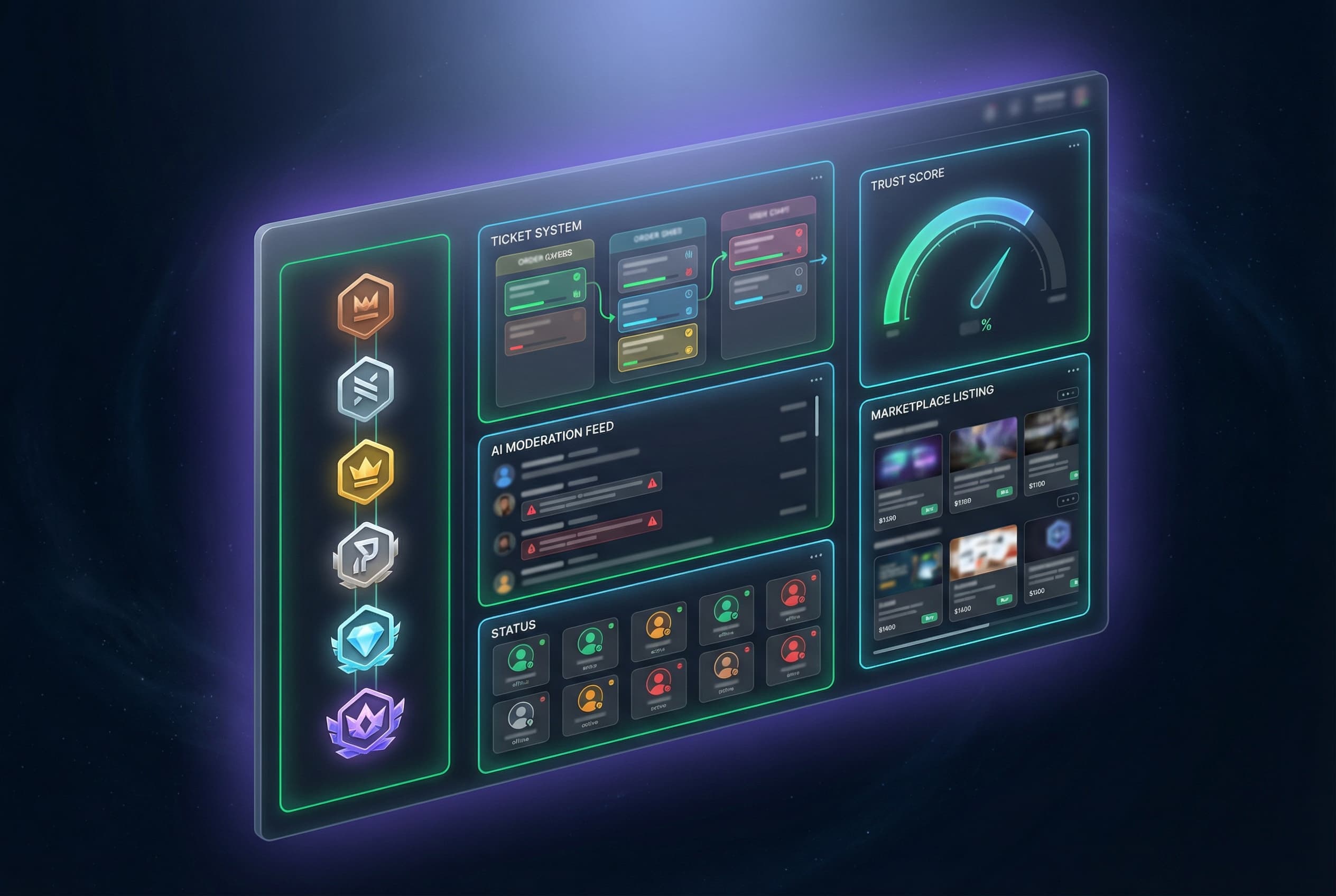 2K Service Plug Discord marketplace dashboard with ticket system, order management, and AI moderation