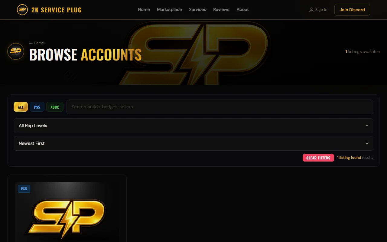2K Service Plug account marketplace with search and filters
