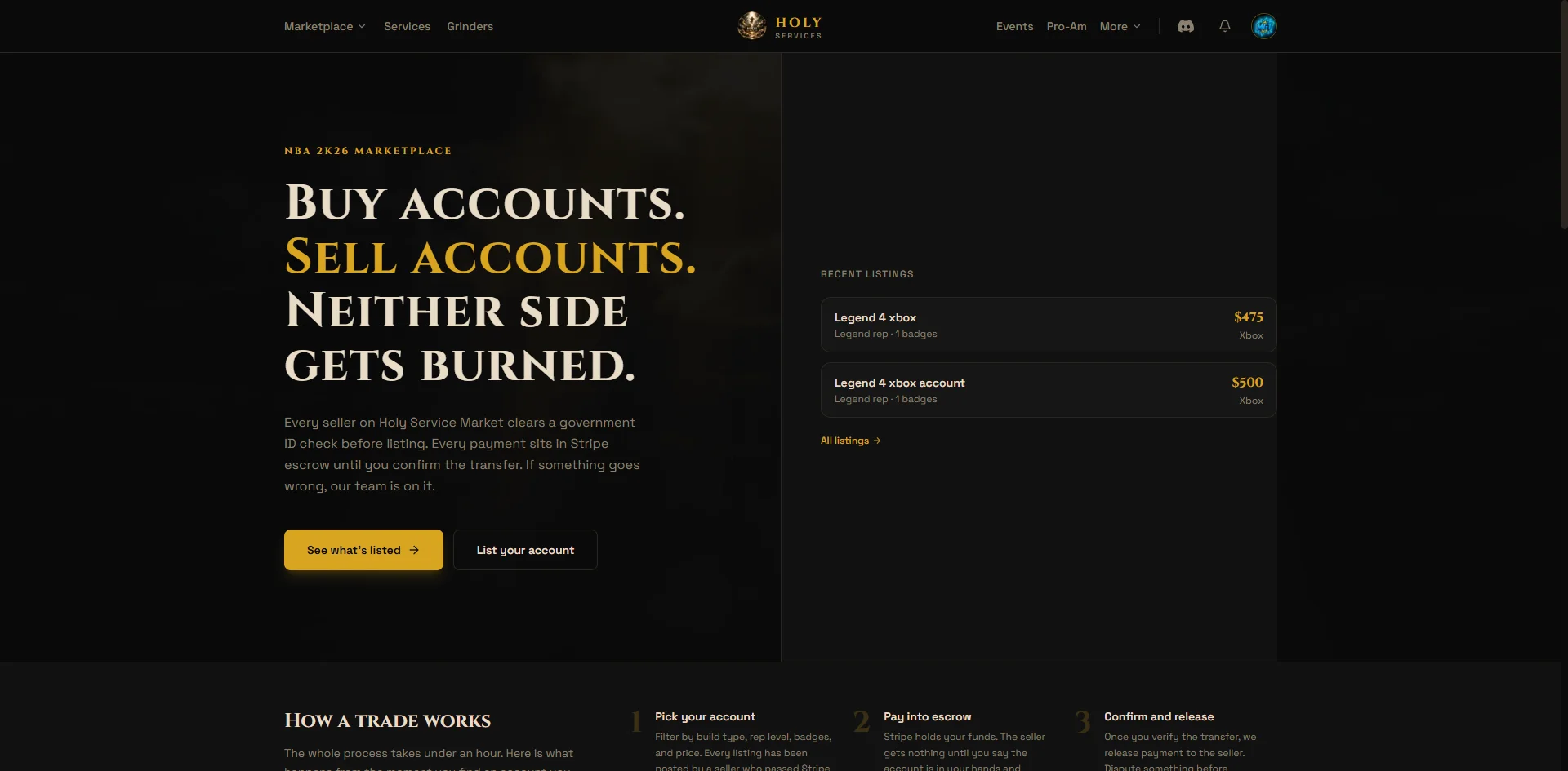 Homepage with marketplace navigation and featured listings
