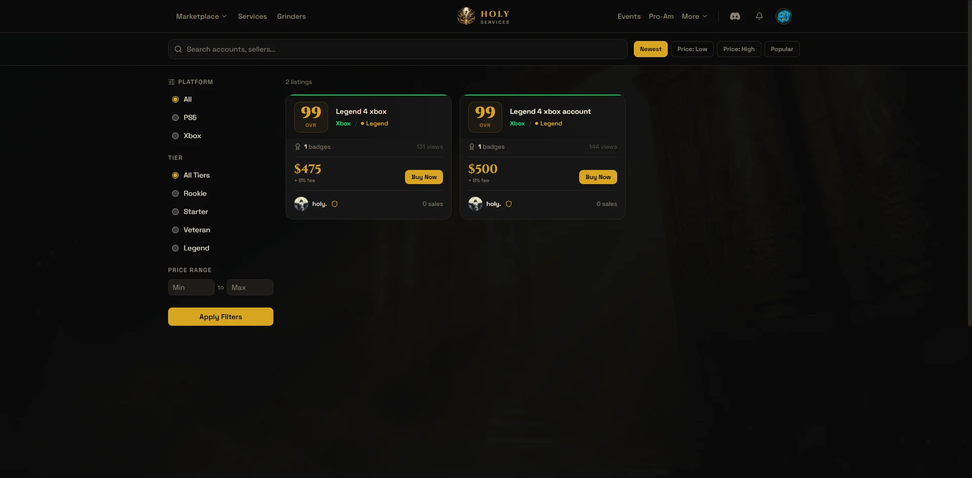 Live marketplace with seller listings and filters
