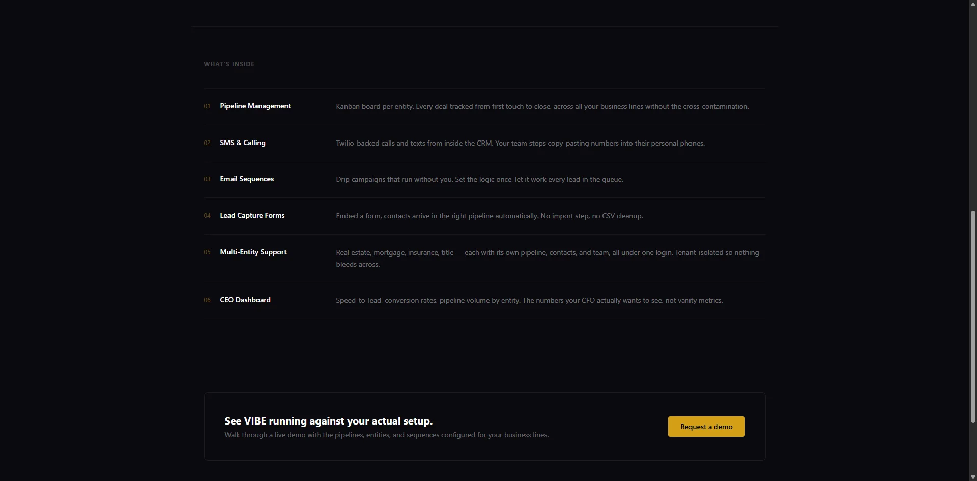 VIBE CRM features page showing multi-tenant integrations including Clerk, Stripe, and Twilio