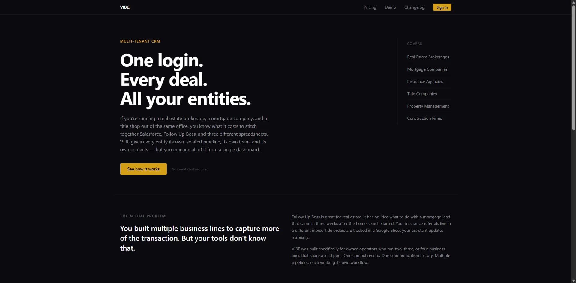 VIBE CRM landing page showing CRM feature overview for real estate teams