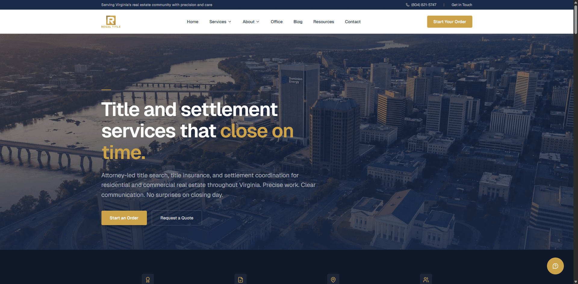 Regal Title live website — real screenshot showing the hero section with Virginia cityscape