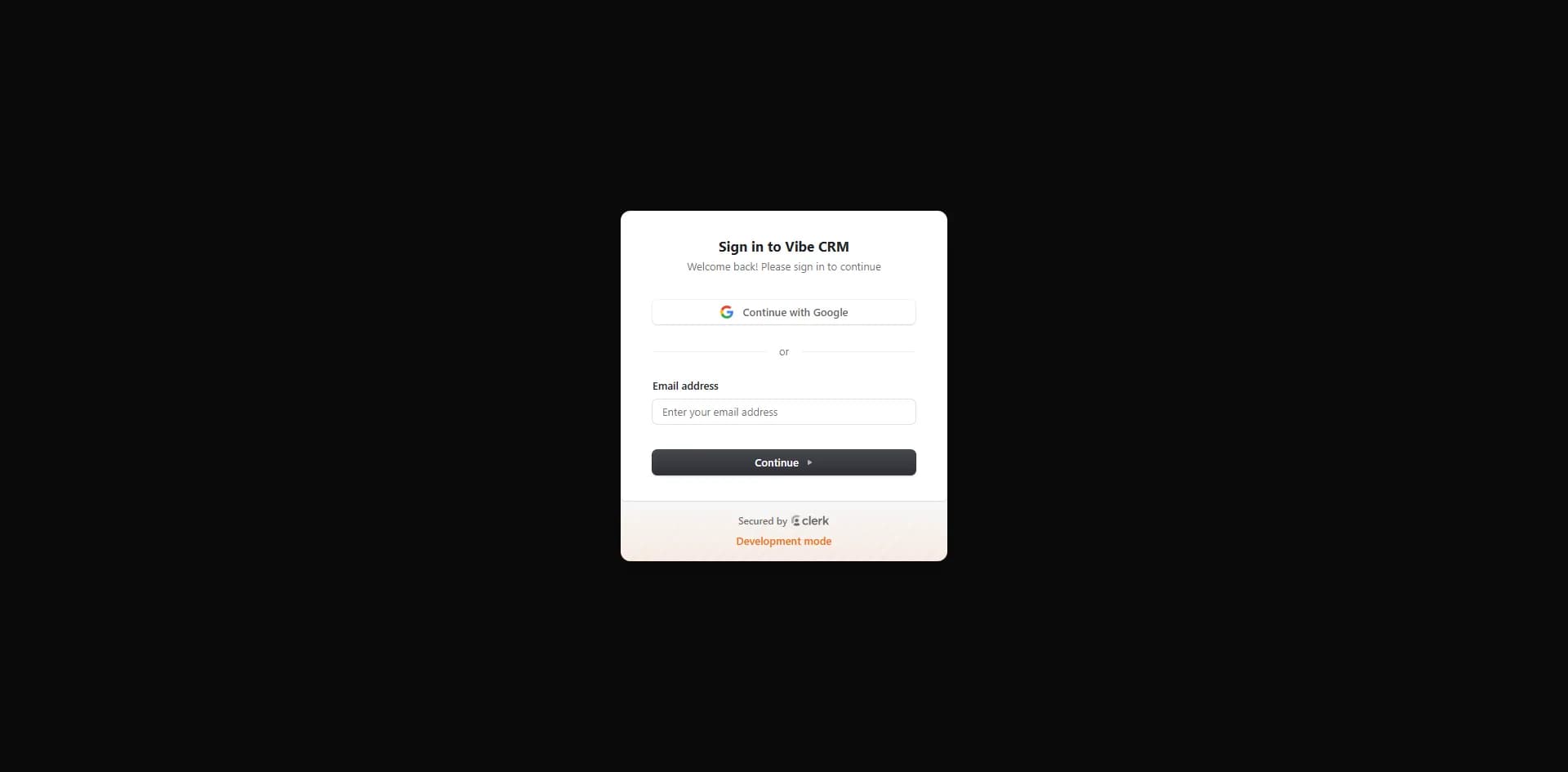 VIBE CRM live sign-in page with Clerk authentication