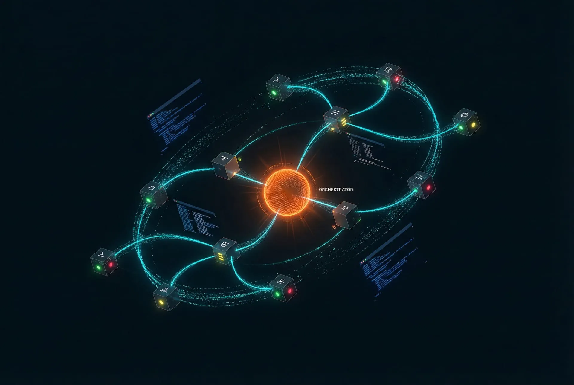AI automation pipeline with multi-agent orchestration and data flows