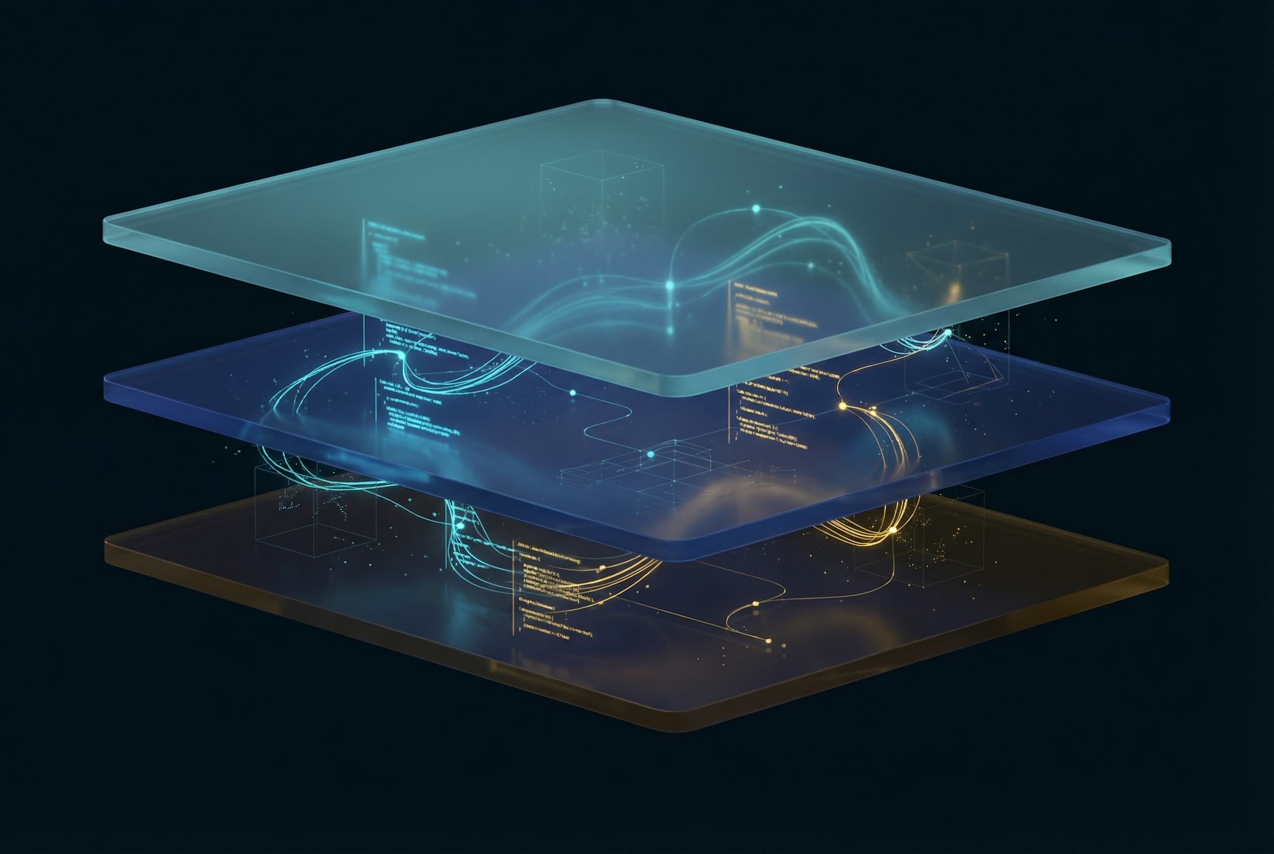 Full-stack development layers — frontend, backend, and infrastructure connected through data flows