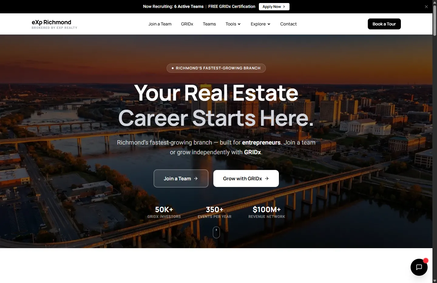 eXp Richmond homepage with dual-path recruiting hero section
