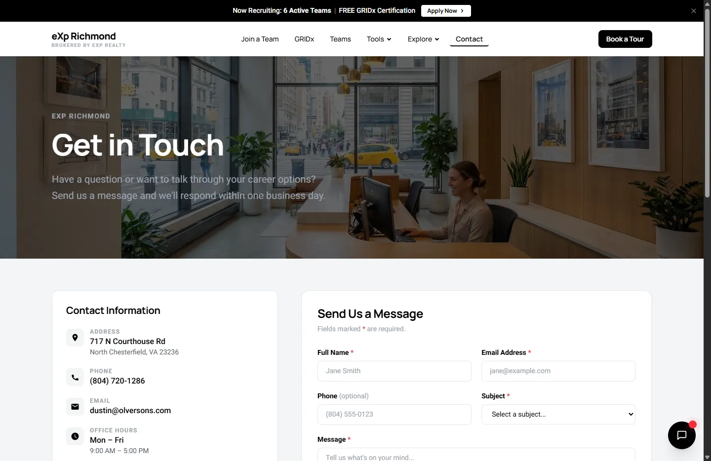 eXp Richmond contact page with booking integration