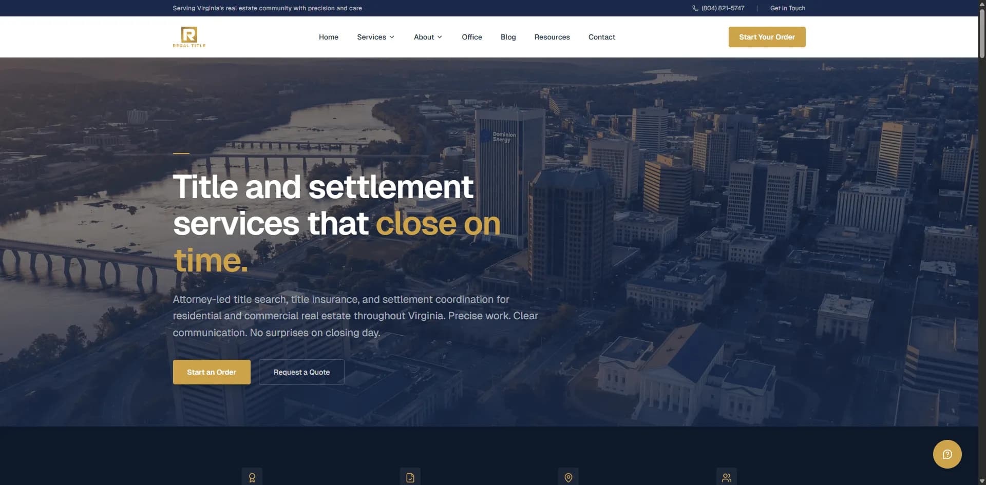 Regal Title live website, real screenshot showing the hero section with Virginia cityscape
